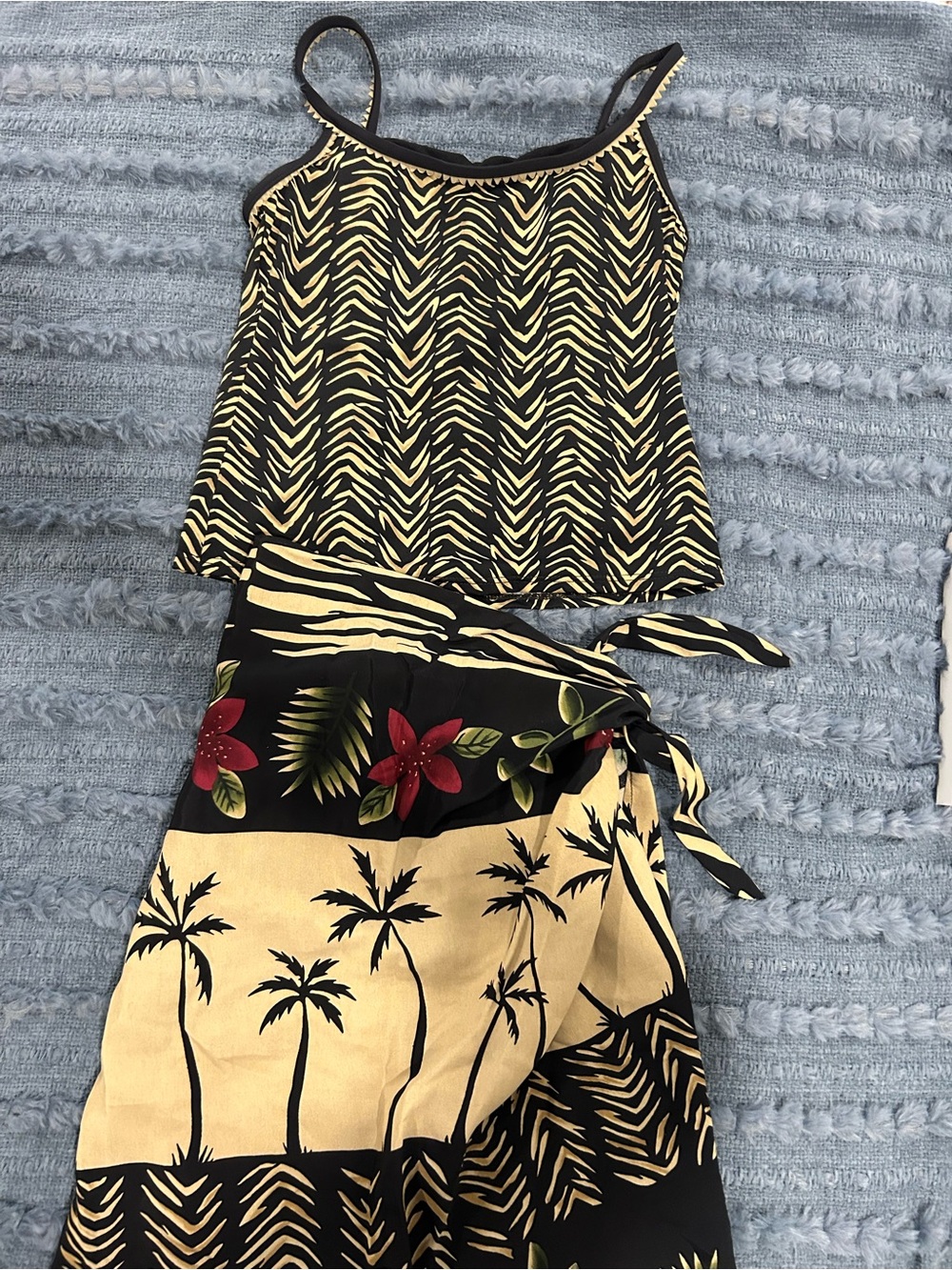 Tropical Two-Piece Tank and Wrap Skirt - Black & Cream with Red Floral Accents